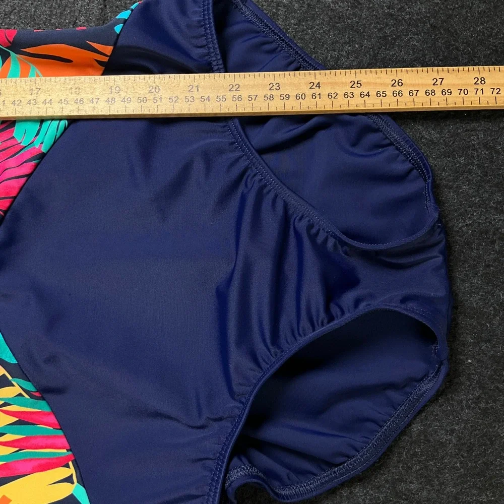 Lands' End Swimsuit Women 8 Navy Blue Tropical Palm Leaf Classic One Piece